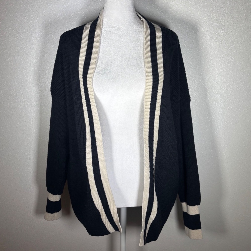 Academia Women Black Cream Striped Open Front Ribbed Knit Cardigan Sweater Large